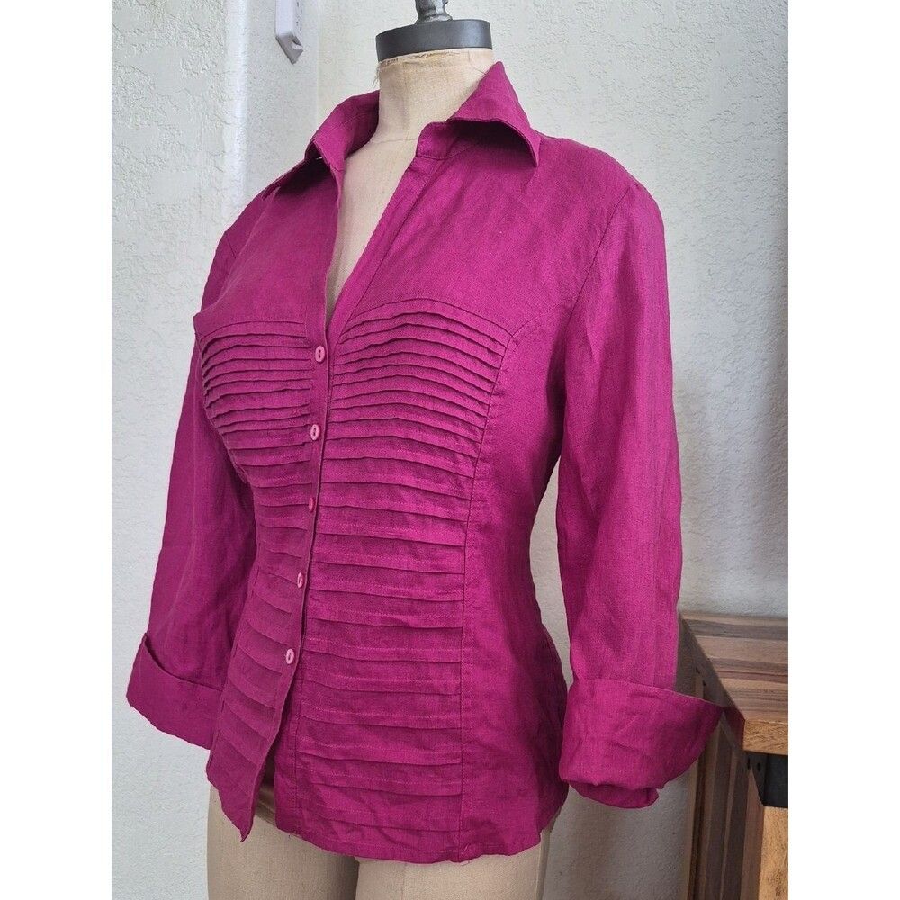 Sara I. 100% Linen Front Pleated Button Up Shirt Sz Large